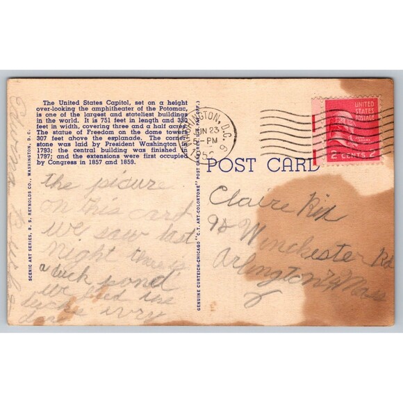 Postcard Washington D. C. Moonlight US Capitol by Night Linen Posted 1952 *READ* - Picture 2 of 2